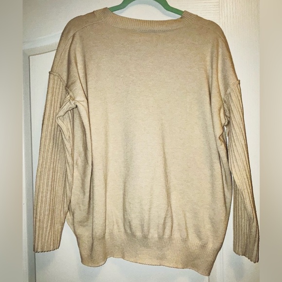 Pink Lily Oversized Tan Knit Sweater | V-Neck Cozy Pullover - Picture 4 of 5